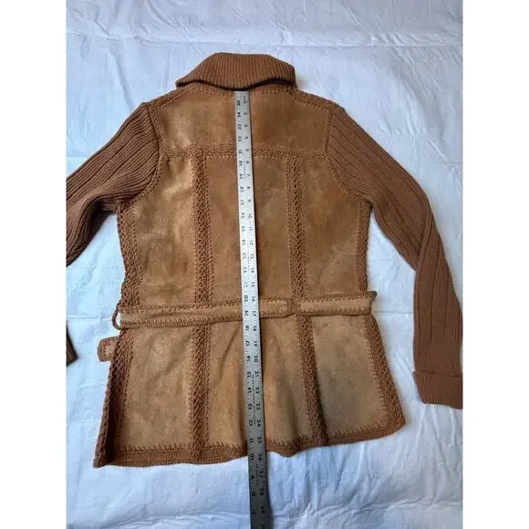 Vtg 1970's Belted Suede Knit Pieced Leather Crochet Cardigan Jacket Sz M *READ - Picture 8 of 11